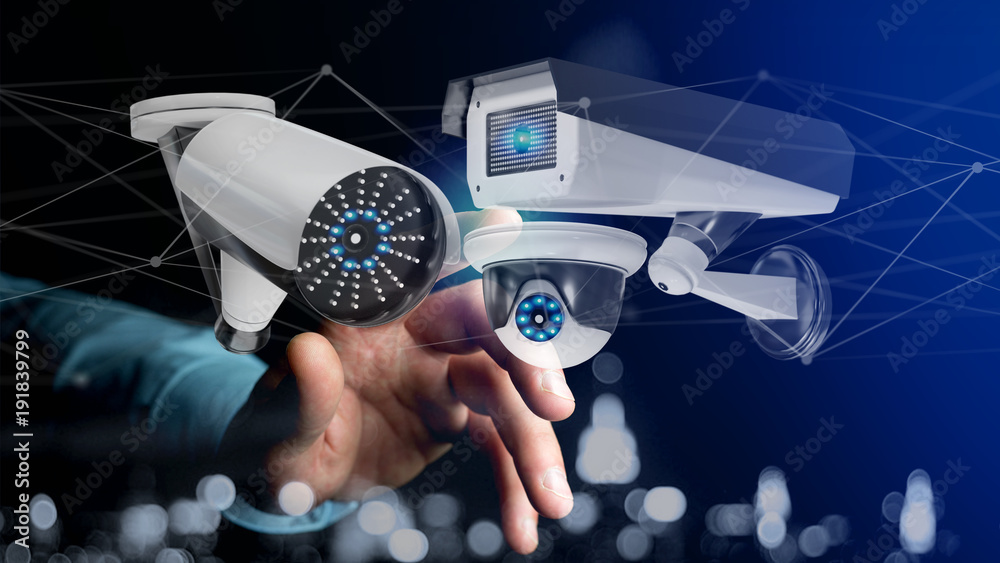 Poster businessman holding a security camera system and network connection - 3d rendering