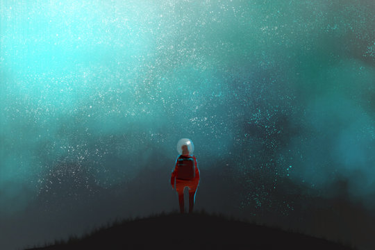 an astronaut standing on the top of mountain and looking to night sky, many stars in the fog, digital art illustration painting.