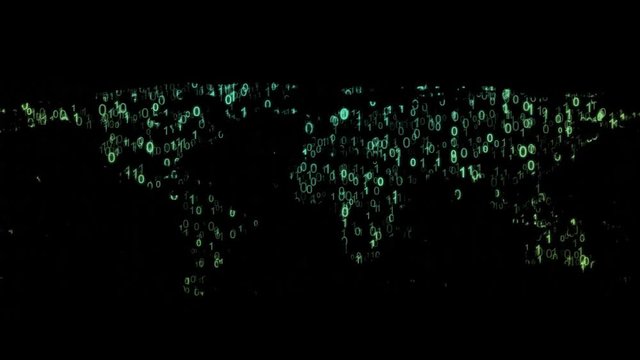 World map formed from animated top-down green digits 0 and 1 binary code on a black background. Concept of informatization of society and the digital world. Copy space for your text at the top.