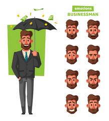Successful, happy businessman in a suit with umbrella. Cartoon vector illustration