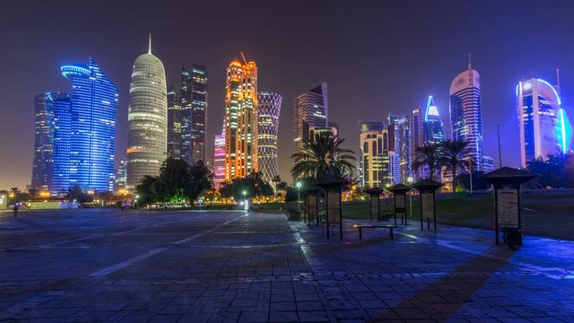 The high-rise district of Doha night timelapse hyperlapse