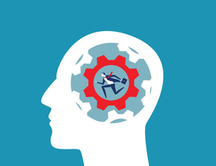Businessman running in gear inside the head. Concept business vector illustration. Flat design character style.