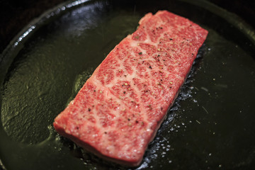 Frying delicious Wagyu in cast iron pan
