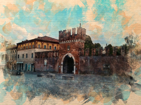 Watercolor pattern of Thiene Italy colorful illustration card
