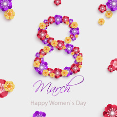 Happy International Women's day greeting card. Number eight with paper cut flowers. Vector illustration. Typographic Composition for 8 March Day