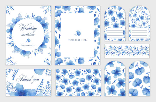Set of wedding cards with blue flowers. Watercolor hand draw. Invitation, postcard.