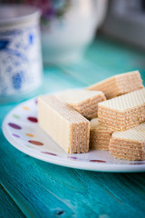 waffles on a plate with tea