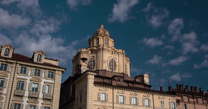 TURIN, PIEMONTE, ITALY, 2016: church San lorenzo Piazza Castello, timelapse, 4K