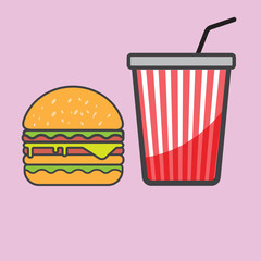 Hamburger and red paper cup drink.