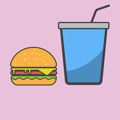 Hamburger and blue paper cup drink.
