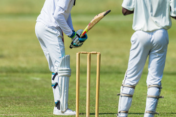 Cricket Action Batsman Ball Bowler Wicket Keeper Closeup unidentified.
