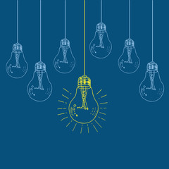 Hand drawn light bulbs vector (idea symbol) on a blue background