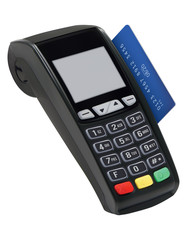 Pos terminal with card isolated. Paying with credit card. Vector 3d illustration
