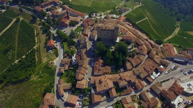 Aerial view directly over and above of Italian town - Serralunga 'dAlba. Piedmont region.