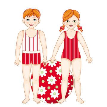 Vector flat redhead boy girl kids friends standing in summer swimsuit smiling with inflatable ring with flowers. Male, female character happy expression. Isolated illustration, white background