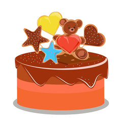 chocolate cake with decoration in the form of hearts and stars

