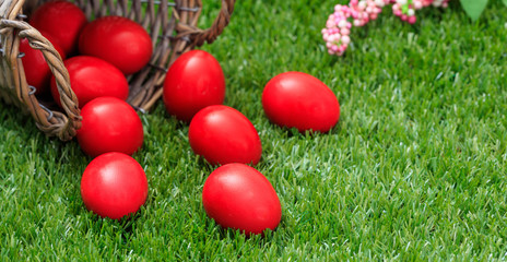 Easter eggs out of a basket on green grass, close up view, closeup