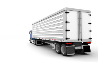Logistics concept. American Freightliner Cargo truck transporting goods moving from right to left isolated on white background. Rear view. 3D illustration
