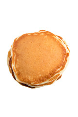 Tasty pancakes isolated on white top view close-up