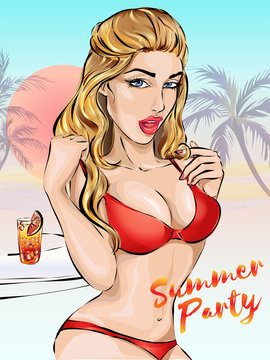 Pin-up style sexy bikini woman in red swimsuit on a beach, California sunset summer beach party, sea background with palm, hand drawn vector illustration