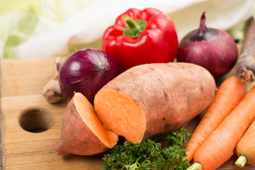 Tasty vegetarian food, ingredients for sweet potato soup.