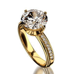 3D Gold diamond Ring isolated on white background.