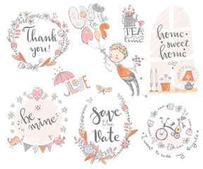 Doodle romantic carrtonn compositions with lettering. Be mine, s