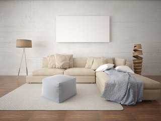 Mock up a fashionable living room with a large corner sofa and a light hipster background.