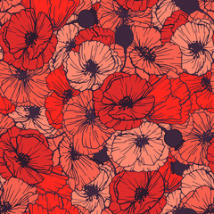 Red Poppies Seamless Pattern. Summer Flowers in Linear Engraving Style. Vector Floral Repeating Pattern for Cover , Print Design
