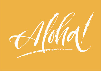 Fototapeta premium Aloha lettering. Hand drawn calligraphy brush pen text on bright background. Postcard minimal inscription. Summer time
