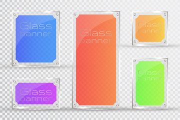 Glass plates are installed. Vector glass banners on a transparent background. Glass. Glass paintings. Color frames