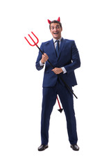 Evil devil businessman with pitchfork isolated on white backgrou