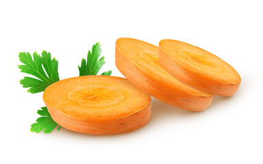 Isolated carrots. Carrot slices and parsley isolated on white background, with clipping path