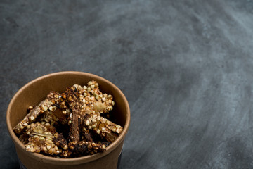 Granola in bowl close up.