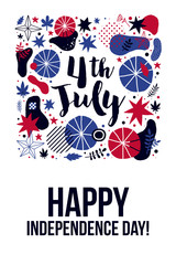 4 July Independence Day banner template with patriotic symbols and abstract elements. Modern hand drawn illustration style.