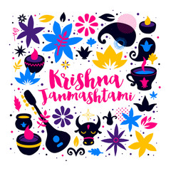 Krishna Janmashtami design template with abstract colorful elements on white background. Useful for posters, cards and advertising.