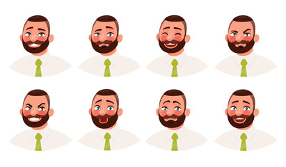 Businessman with different emotions. A bearded man office worker emoji. Vector illustration in cartoon style