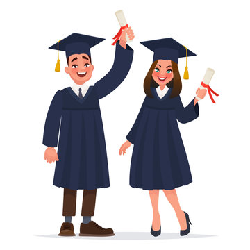 Couple of graduates with diplomas. The guy and the girl graduated from university. Vector illustration