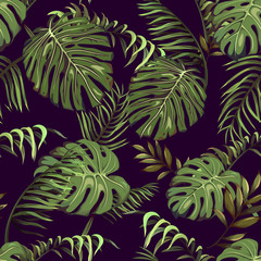 Naklejka na ściany i meble Seamless pattern with tropical leaves of palm trees on a dark background