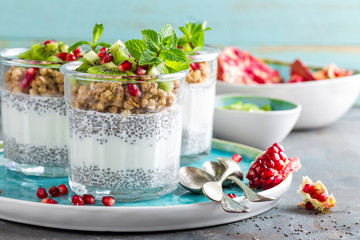 Layered chia pudding parfait with kiwi fruit, pomegranate, granola and yogurt, healthy breakfast