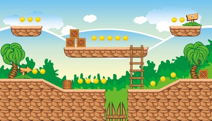 Tile set Platform for Game - A set of layered vector game asset, 
contains background, ground tiles and several items / objects / decorations,
used for creating mobile games