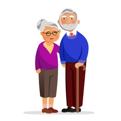 Happy granny and grandpa standing together and hugging. Aged people isolated on white background. Grandmother and grandfather in love vector flat illustration. Old family with good relationships.