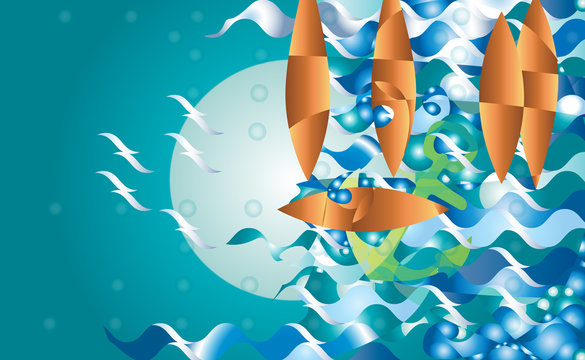 Abstract boat fantasy, at night Fantasy illustration, background vector. Waves anchor seagulls