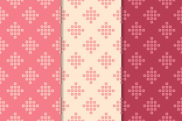 Cherry red geometric ornaments. Set of seamless patterns