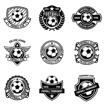 Set of winged emblems with soccer ball. Design element for logo, label, emblem, sign.