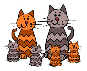 Cute kid easy vector illustration of cat family including mother, father and kids, isolated on white background.
