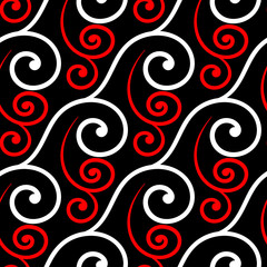Geometric seamless pattern. Red and white elements on black background