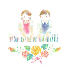 虹色ピアノを弾く子供　薔薇