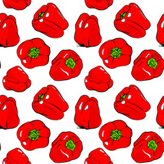 Seamless pattern of five elements of red sweet peppers and triangular points. Hand-drawn Vector Illustration. The pattern is included.