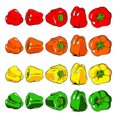 A set of five juicy sweet peppers in four color combinations: red, yellow, green, orange. Hand-drawn vector set of illustrations. Isolated on white background.